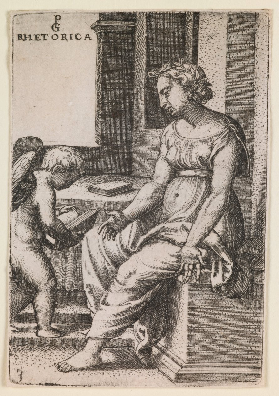 Rhetorica, sarjasta "Vapaat taidot", noin 1541 (kaiverrus). tekijältä Georg Pencz