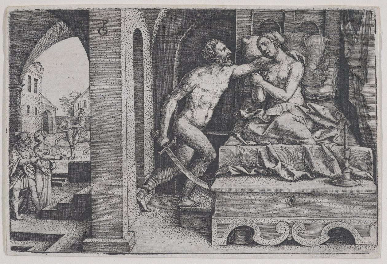 Tarquinius raiskaa Lucretian Rooman historian kohtauksista. tekijältä Georg Pencz