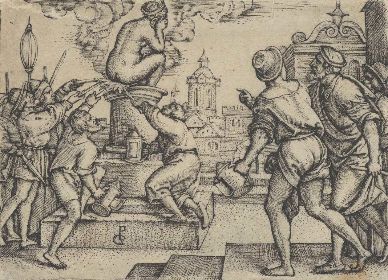 Kurtisaani rangaistaan Tarinasta Taikuri Virgiliasta. tekijältä Georg Pencz