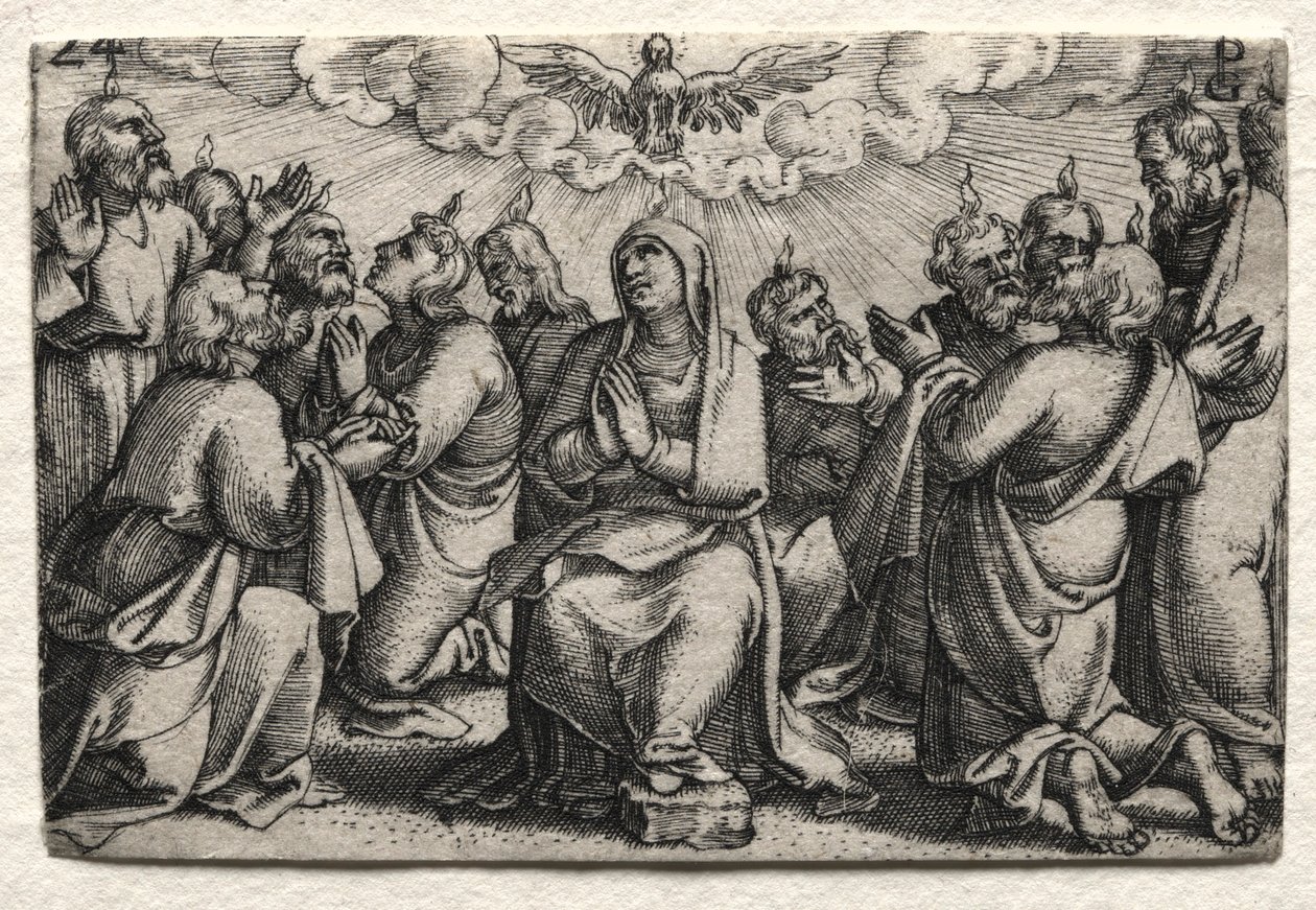 Jeesuksen Kristuksen elämä: Pyhän Hengen laskeutuminen, n. 1534-35. tekijältä Georg Pencz