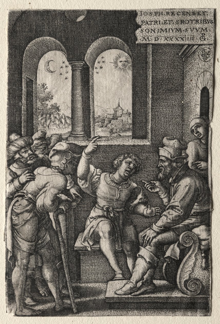 Tarina Josephista: Joosef kertomassa unistaan isälleen, 1544. tekijältä Georg Pencz