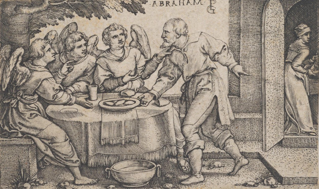 Kolme enkeliä vierailemassa Abrahamissa, Aabrahamin tarinasta. tekijältä Georg Pencz