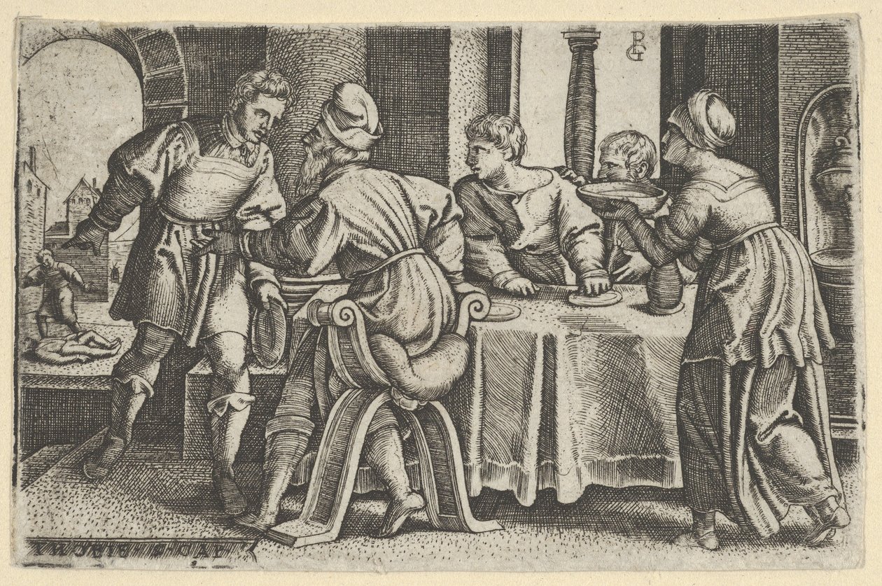 Tobias poistumassa pöydästä, Tobiaksen tarinasta, 1543. tekijältä Georg Pencz
