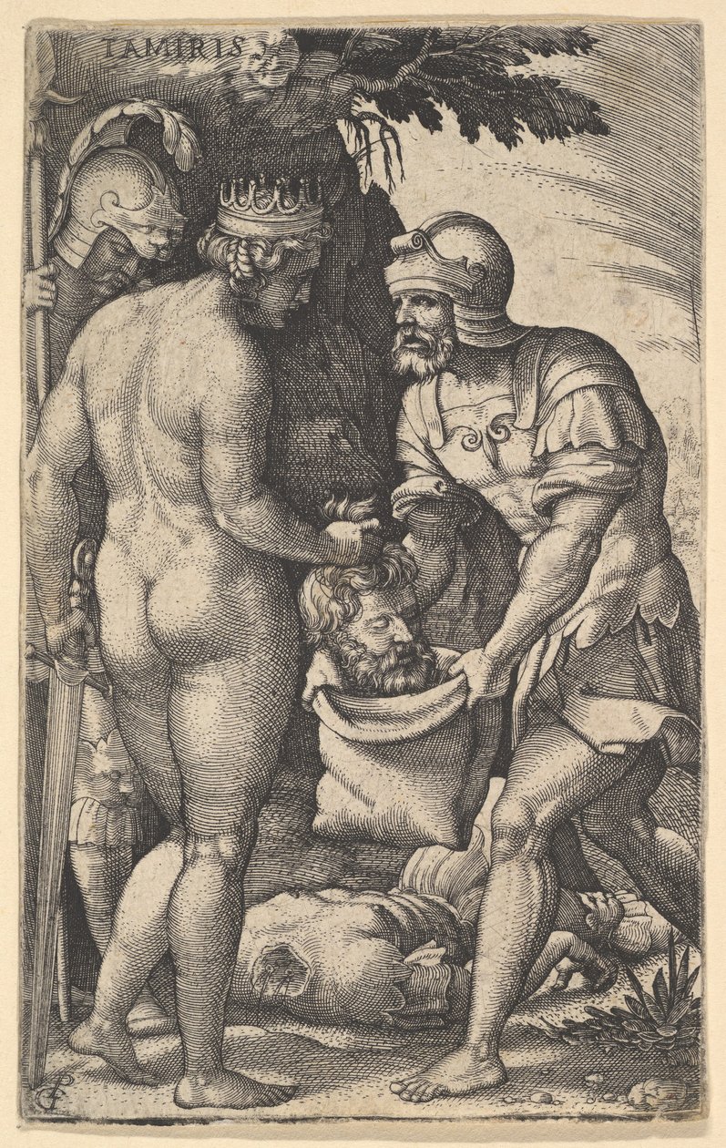 Tomyris, joka näkyy alasti takaapäin ja asettaa Cyrusin pään sotilaan pitämään säkkiin..., n. 1539. tekijältä Georg Pencz