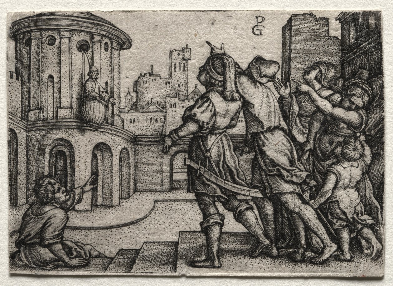 Vergilius roikkuu korissa, n. 1541-42. tekijältä Georg Pencz