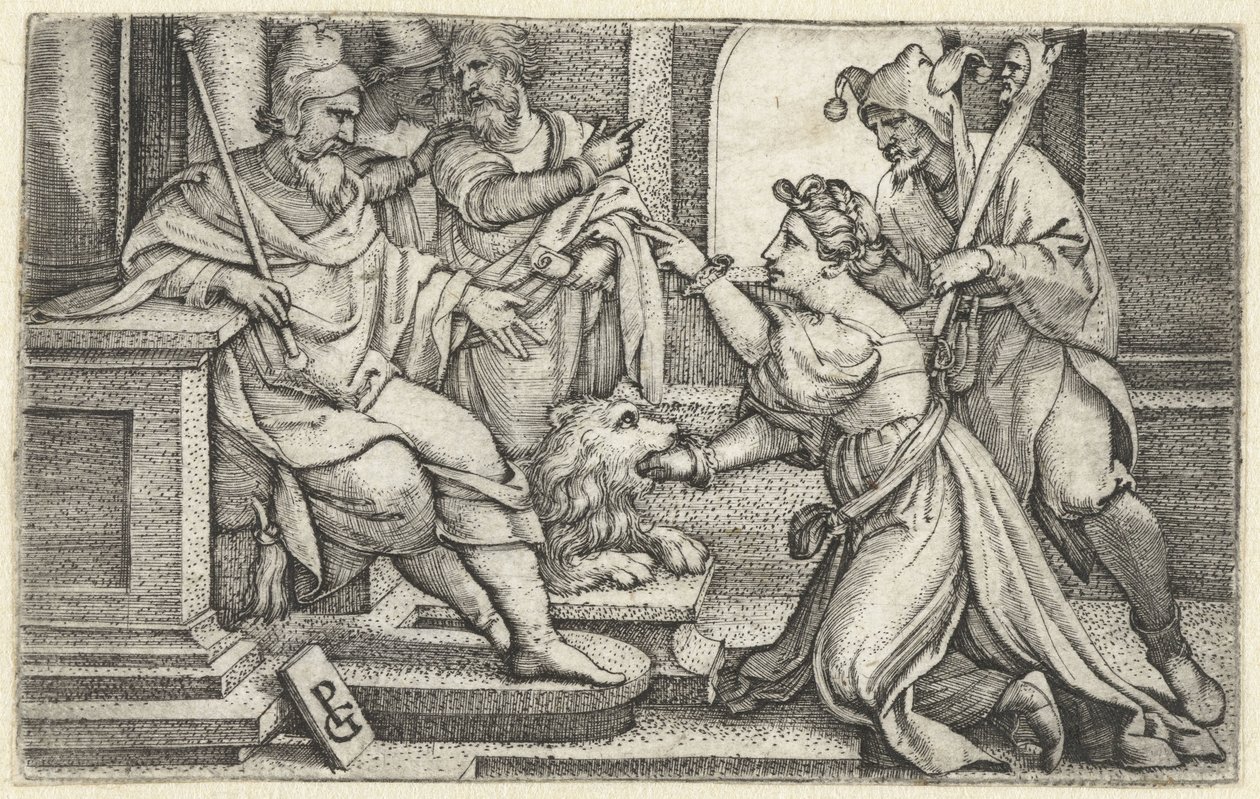 Vrouw verklaart onder ede haar onschuld Mond van de Waarheid Bocca della VeritàVrouw verklaart onder ede haar onschuld Mond van de Waarheid Bocca della Verità tekijältä Georg Pencz
