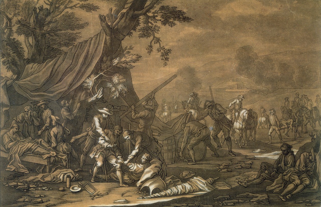 Taistelukentän sotilaskirurgi Espanjan peräkkäissodan aikana, 1707, kaiverrus Christian Rugendas (1708-81) n. 1740 tekijältä Georg Philipp I Rugendas
