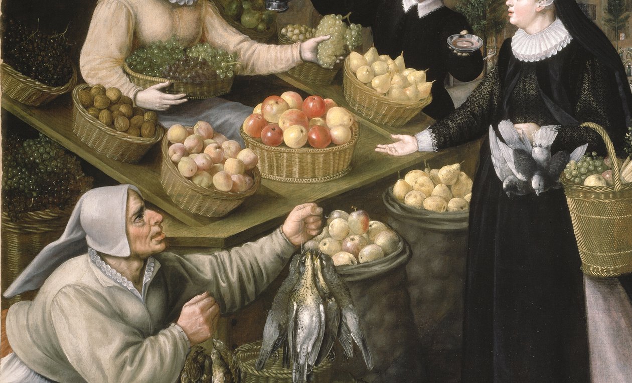 Una al·legoria de la tardor: una parada de fruites i verdures sobre el Weinmarkt de Frankfurt am Mainfinnish tekijältä Georg and Valkenborch Lucas Van Flegel