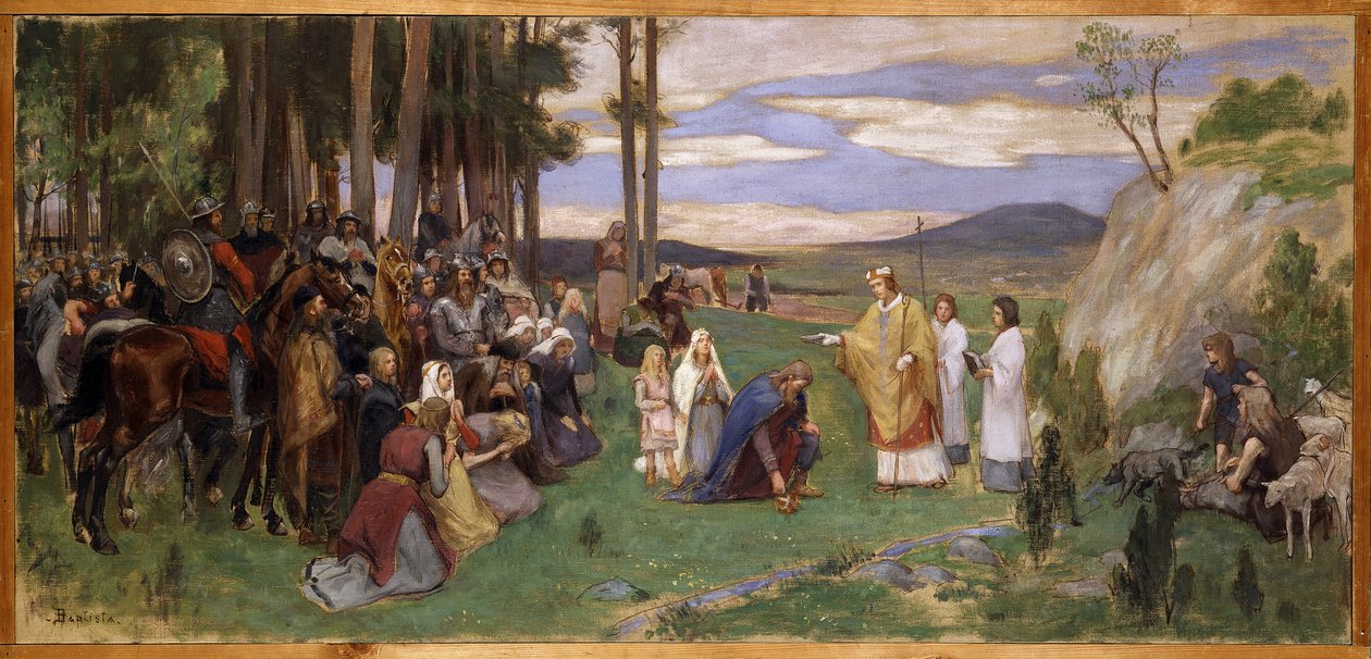 Anschaire (Oscar) de Breme (801-865) preche le christianisme en Scandinavie - Ansgar Preaching Christianity, kirjoittanut Pauli, Georg (1855-1935). Öljy kankaalle. Mitat: 64 x 136 cm. Tukholman kansallismuseo tekijältä Georg Vilhelm Pauli
