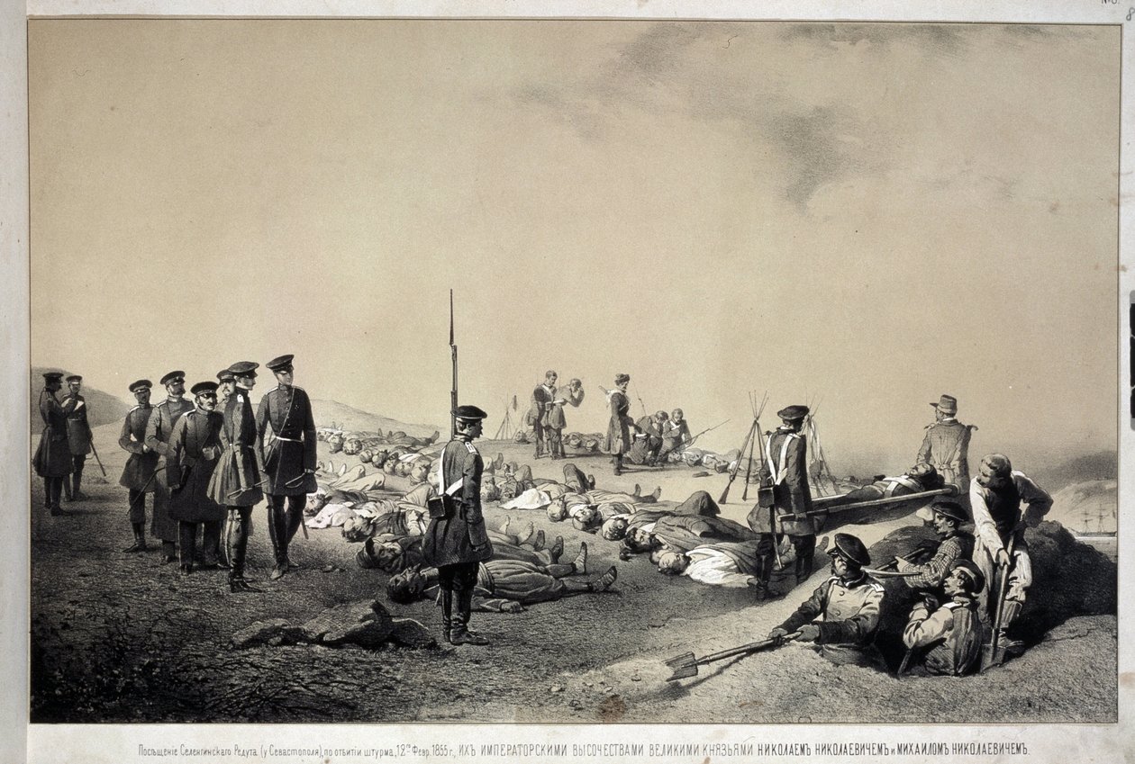 Suurruhtinaat Nikolai Nikolajevitš ja Mikael Nikolajevitš vierailemassa uudelleenjärjestelyssä hyökkäyksen jälkeen 12. helmikuuta 1855 (litografia) tekijältä Georg Wilhelm Timm