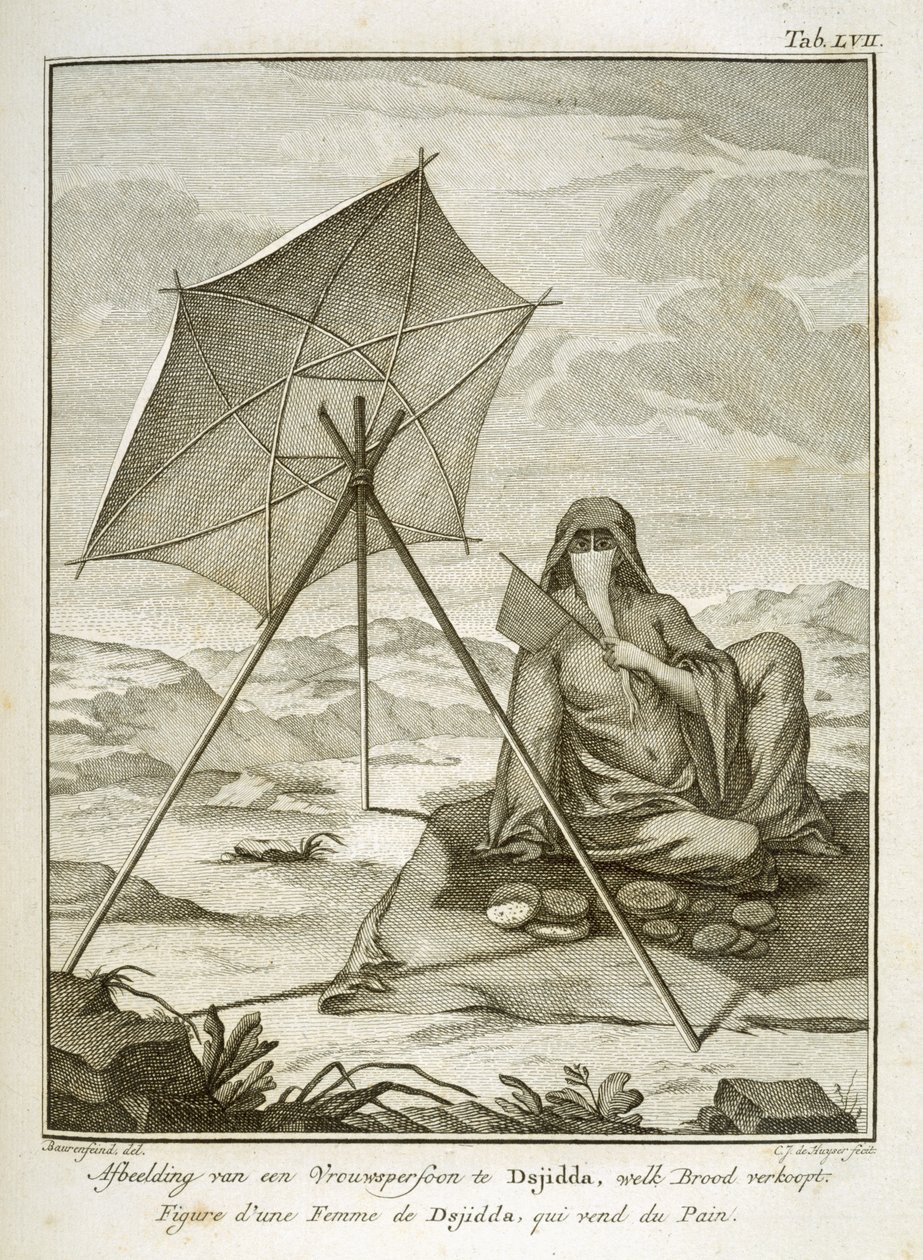 Dsjiddalainen nainen leipomassa leipää erämaassa, kaiverrus C.J. de Huyser, julkaistu n.1772-74 tekijältä Georg Wilhelm Baurenfeind