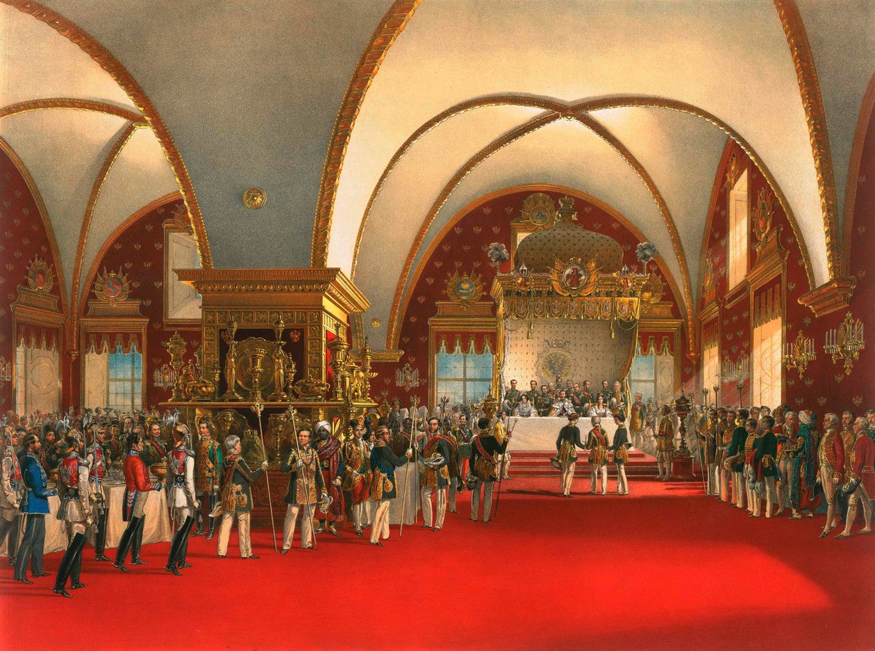 Kruunausjuhla Moskovan Kremlin Fasettien palatsin salissa, 1856. tekijältä Georg Wilhelm Timm