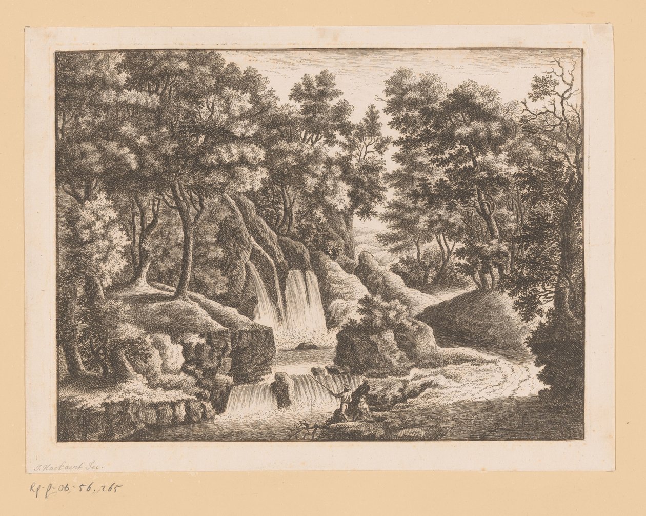 Vesiputous metsässä, jossa kaksi kalastajaa etualalla tekijältä Georg Wolfgang Knorr (possibly)
