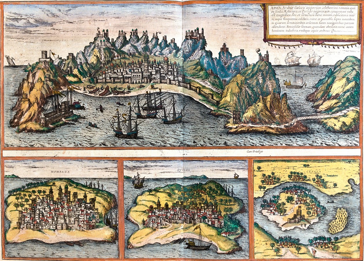 Aden, Mombasa, Kilwa, Nova Sofala, Jemen, Kenia, Tansania, Mosambik, Jemen. tekijältä Georg and Hogenberg Franz (1535 90) Braun