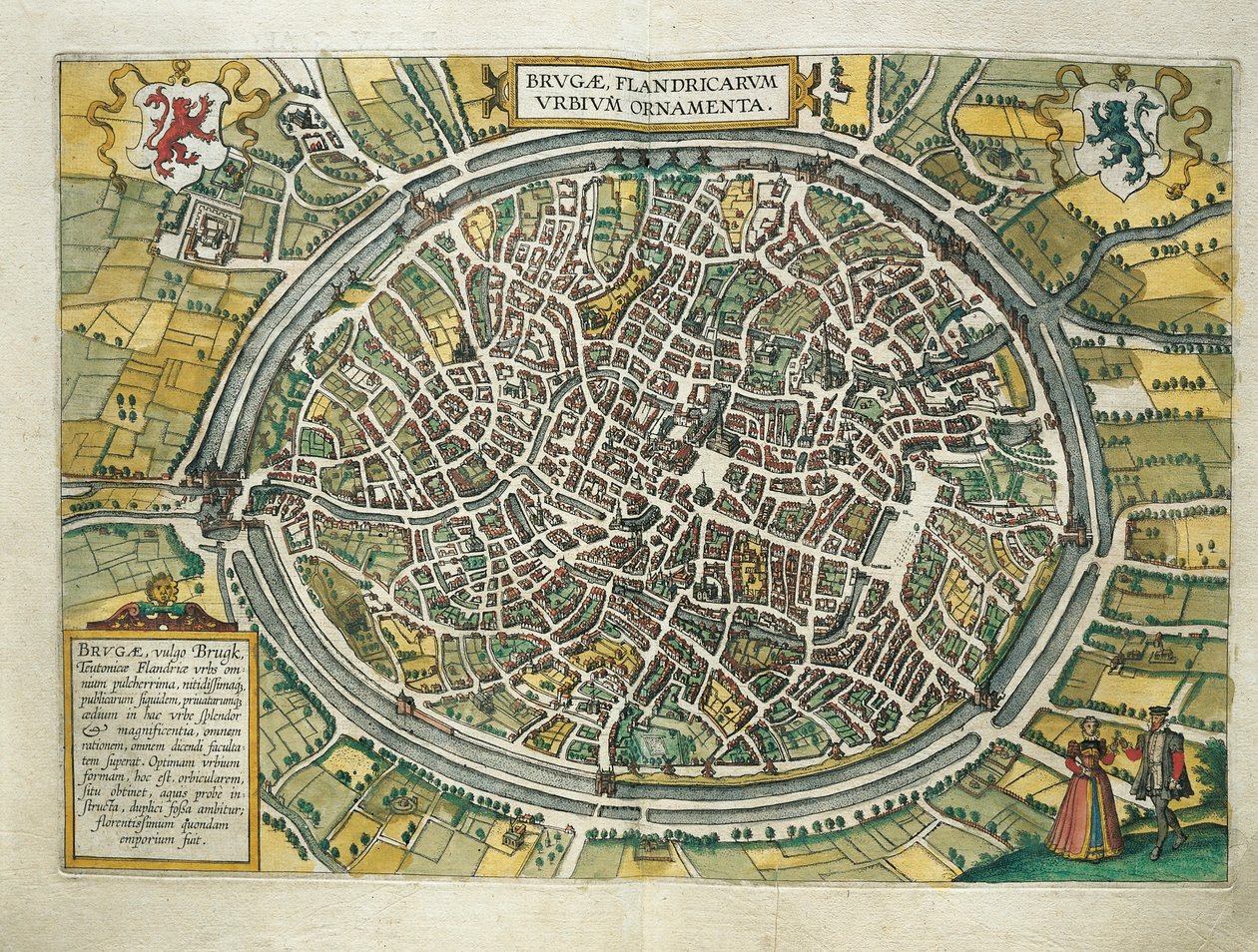 Belgia, Bruggen kartta maailman kaupungeista Georg Braunin (1541-1622) ja Franz Hogenbergin (1540-1590), Köln, kaiverrus tekijältä Georg Braun and Hogenberg Franz