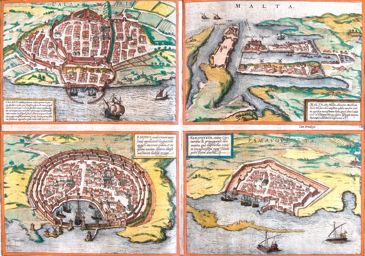 Cagliari, Malta, Rhodos, Famagusta, Italia, Malta, Kreikka, Kypros. tekijältä Georg and Hogenberg Franz (1535 90) Braun