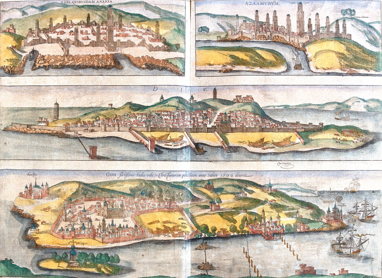 Casablanca, Azemmour, Diu, Goa, Marokko, Intia, Intia. tekijältä Georg and Hogenberg Franz (1535 90) Braun