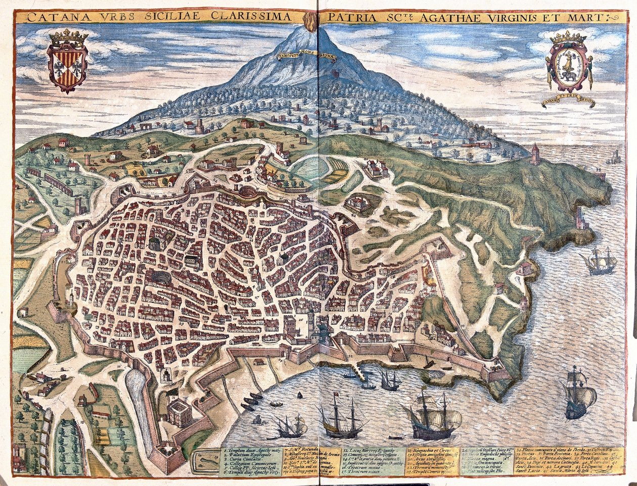 Catania, taustalla Etna, Sisilia, Italia (kaiverrus tekijältä Georg Braun and Hogenberg Franz