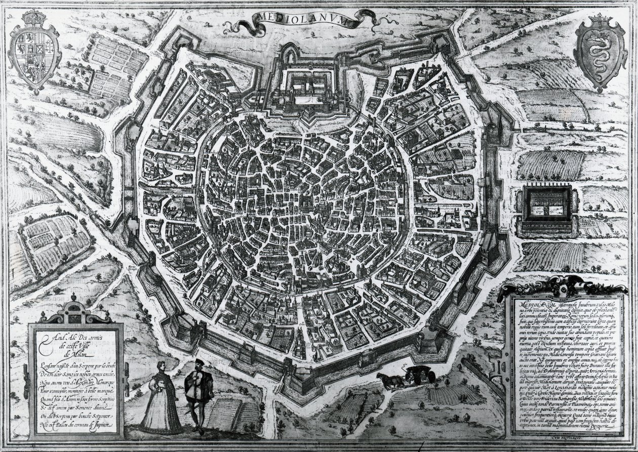 Milanon kaupunkikartta vuodelta 1572, Antonio Lafreri (1512-1577), julkaisijat Georg Braun ja Franz Hogenberg, Italia tekijältä Georg Braun and Hogenberg Franz