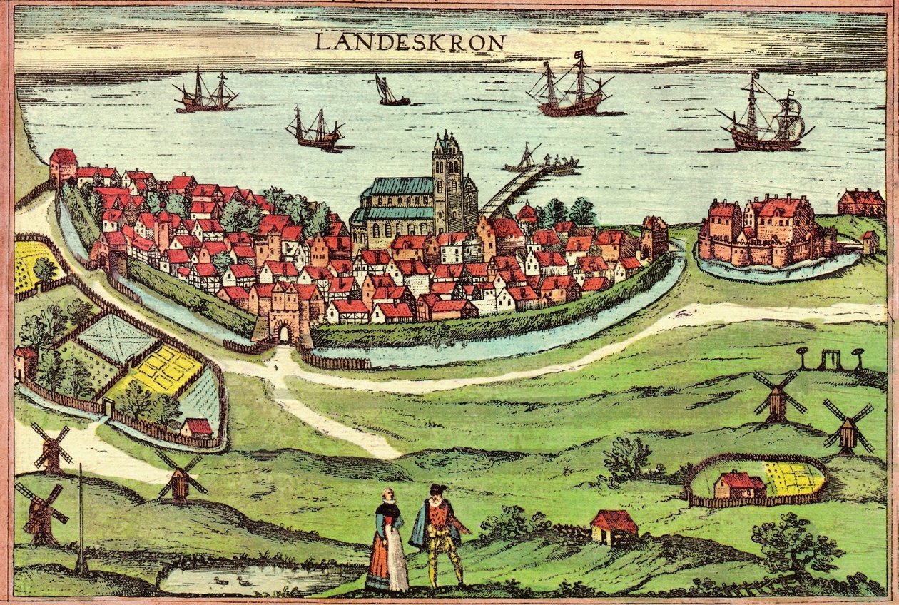 Landskronan kaupunki, antihansalainen satama, Tanska. tekijältä Georg and Hogenberg Franz (1535 90) Braun