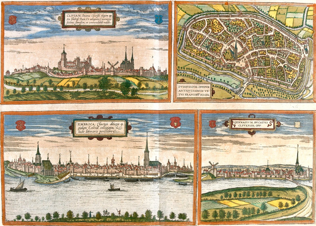 Cleves, Duisburg, Emmerich, Genappe, Saksa, Belgia. tekijältä Georg and Hogenberg Franz (1535 90) Braun