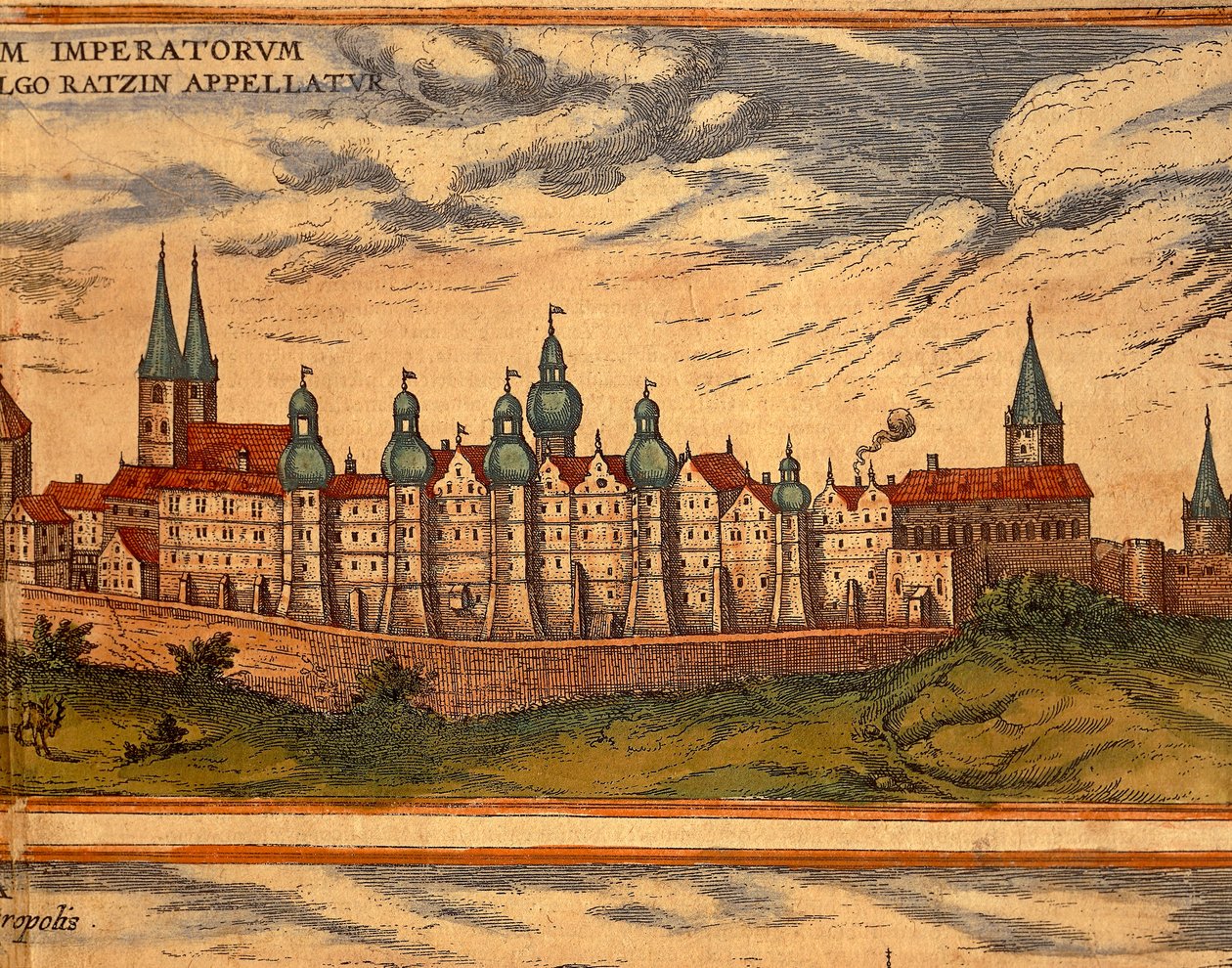 Tšekki, Praha, Näkymä palatsille, Georg Braunin (1541-1622) ja Franz Hogenbergin (1535-1590) värikaiverrus Civitates Orbis Terrarumista tekijältä Georg Braun and Hogenberg Franz