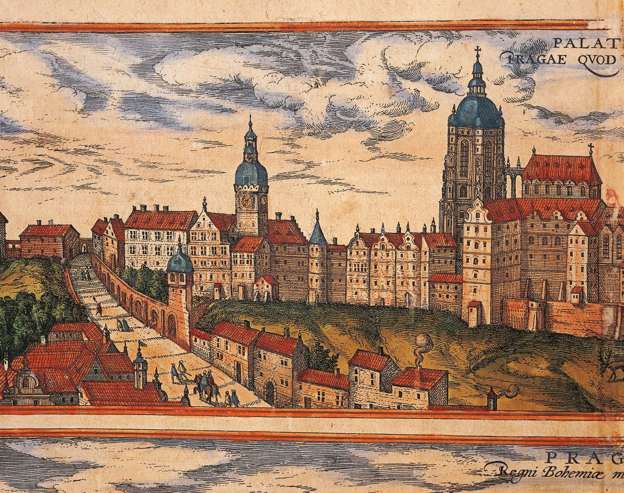 Tšekki, Praha, Näkymä linnoitukselle, Georg Braunin (1541-1622) ja Franz Hogenbergin (1535-1590) värikaiverrus Civitates Orbis Terrarumista tekijältä Georg Braun and Hogenberg Franz