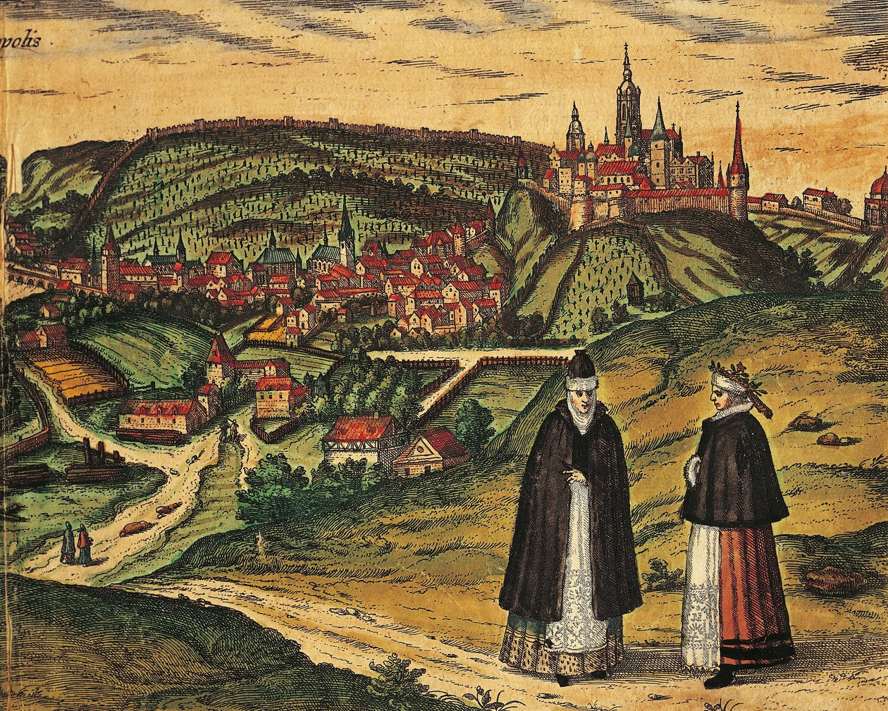 Tšekki, Praha, Näkymä kaupunkiin ja linnoitus taustalla, Georg Braunin (1541-1622) ja Franz Hogenbergin (1535-1590) värikaiverrus Civitates Orbis Terrarumista tekijältä Georg Braun and Hogenberg Franz