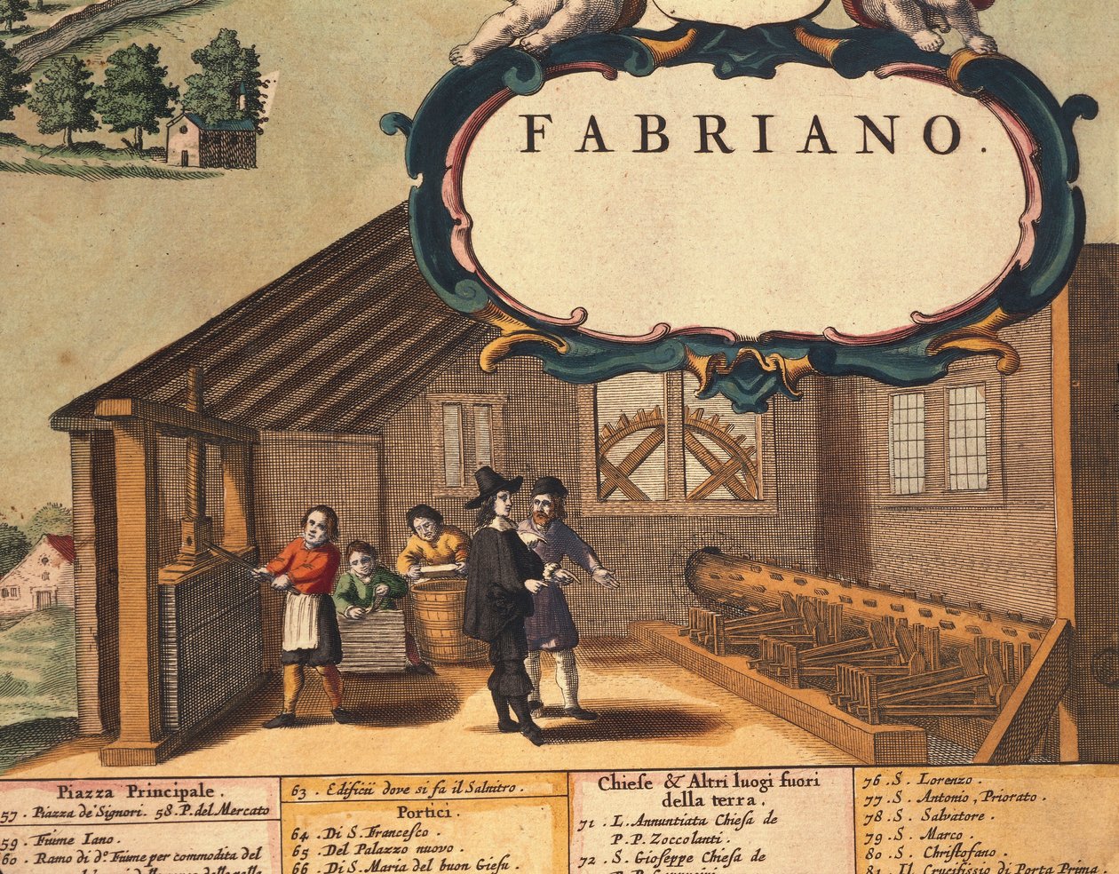 Yksityiskohta Fabrianon kaupungin paperiteollisuudesta, kirjoittanut Georg Braun tekijältä Georg Braun and Hogenberg Franz