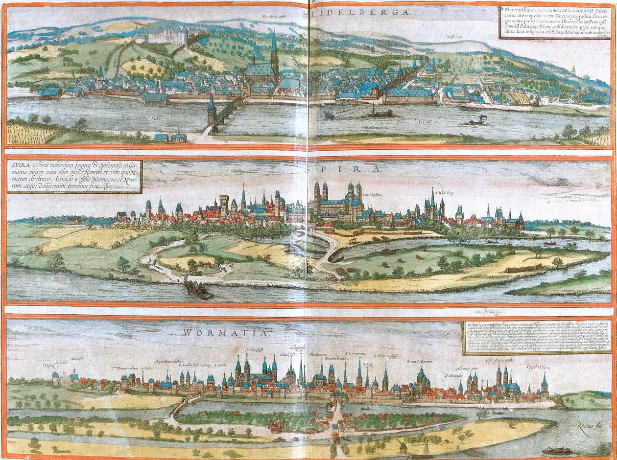 Heidelberg, Speyer, Worms, Saksa tekijältä Georg and Hogenberg Franz (1535 90) Braun