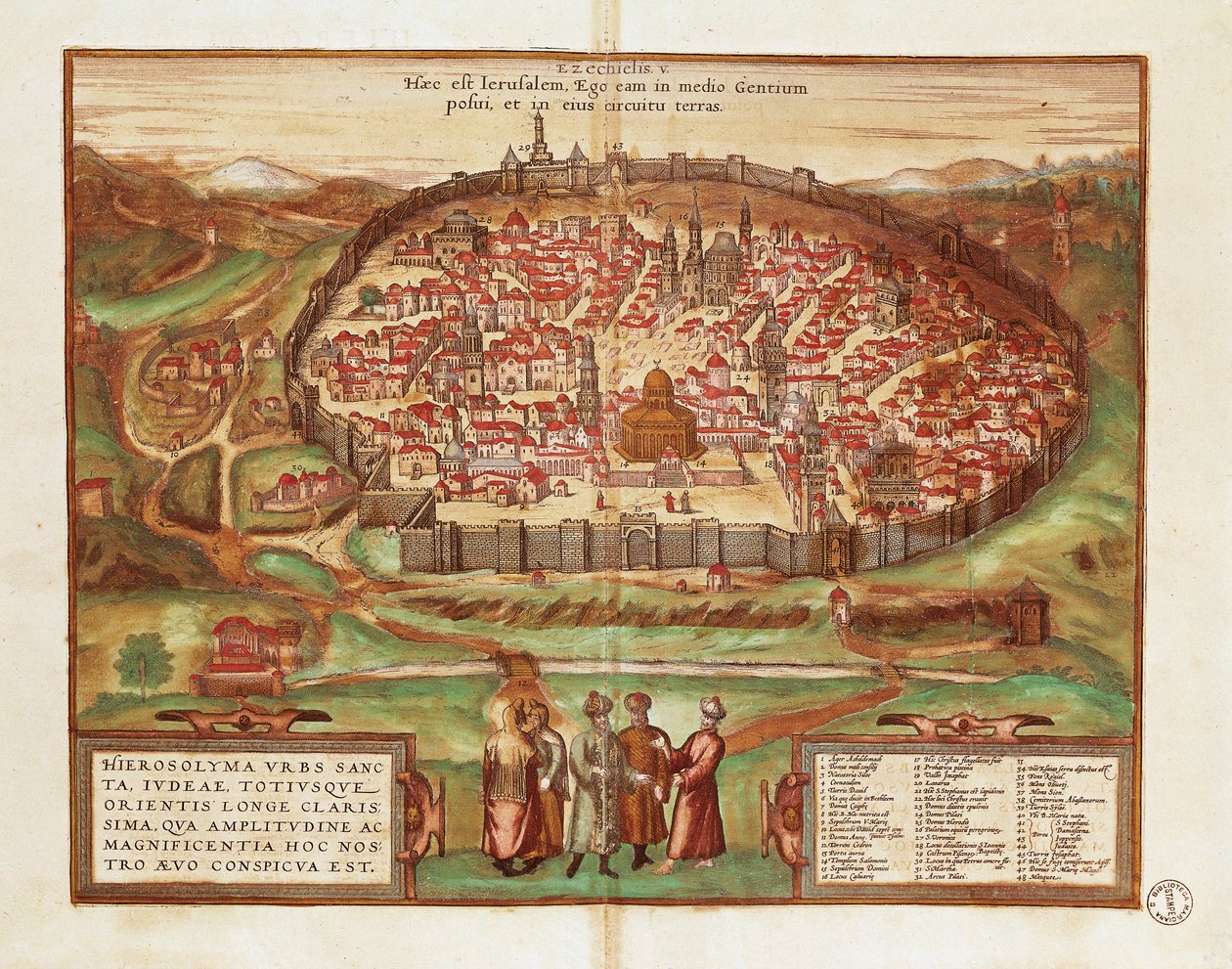 Israel ja Palestiina, Jerusalemin kaupunki, Georg Braun ja Franz Hogenberg, Civitates Orbis Terrarumilta, värikaiverrus tekijältä Georg Braun and Hogenberg Franz