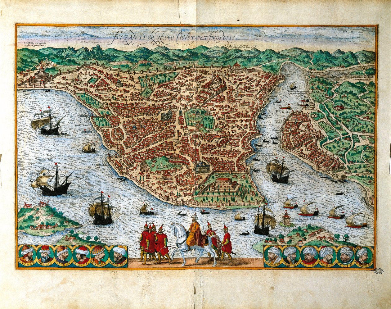 Italia, Milano, Georg Braunin (1541-1622) ja Franz Hogenbergin (1535-1590) perspektiivikuva Konstantinpolen kaupungista, värikaiverrus tekijältä Georg Braun and Hogenberg Franz