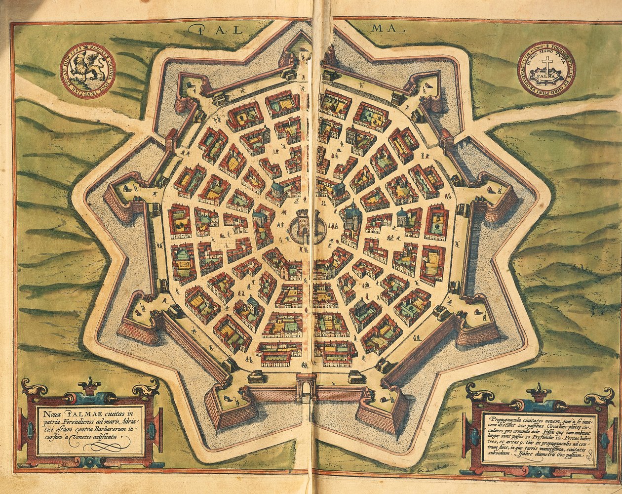 Italia, Palmanova, kartta, kaiverrus Civitates Orbis Terrarumista, Georg Braun ja Franz Hogenberg, aktiivinen Kölnissä tekijältä Georg Braun and Hogenberg Franz