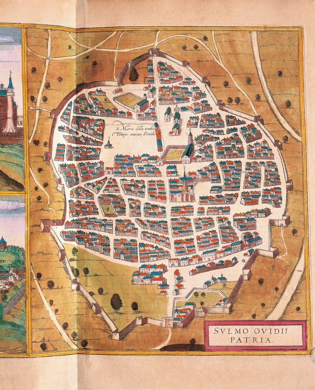 Italia, Sulmona, Sulmonan kaupunki Georg Braunin ja Franz Hogenbergin Civitates Orbis Terrarumista, kaiverrus tekijältä Georg Braun and Hogenberg Franz