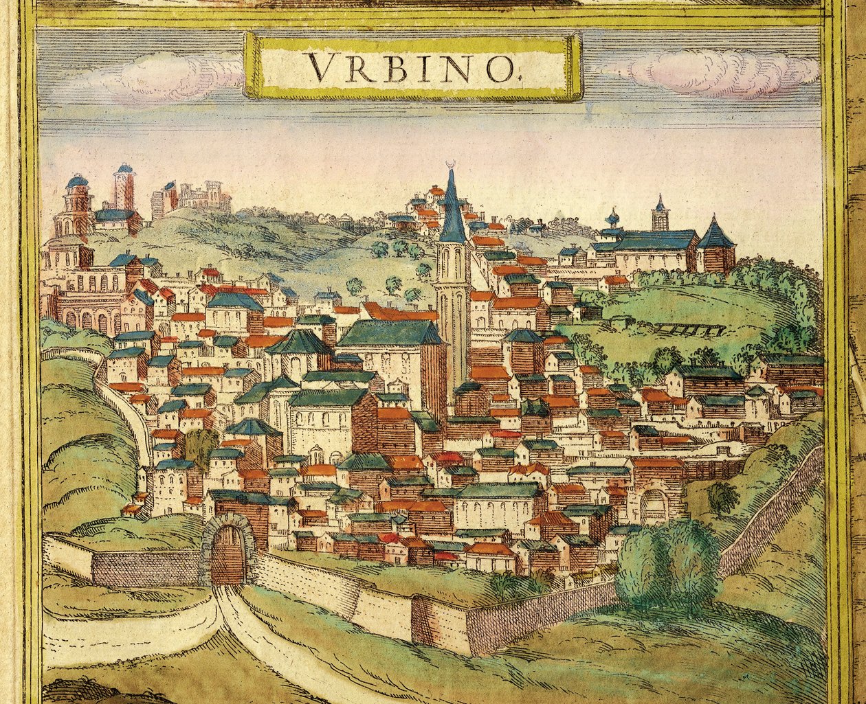 Italia, Urbino, Kaupunkinäkymä, Georg Braunin (1541-1622) ja Franz Hogenbergin (1535-1590) värikaiverrus Civitates Orbis Terrarumista tekijältä Georg Braun and Hogenberg Franz