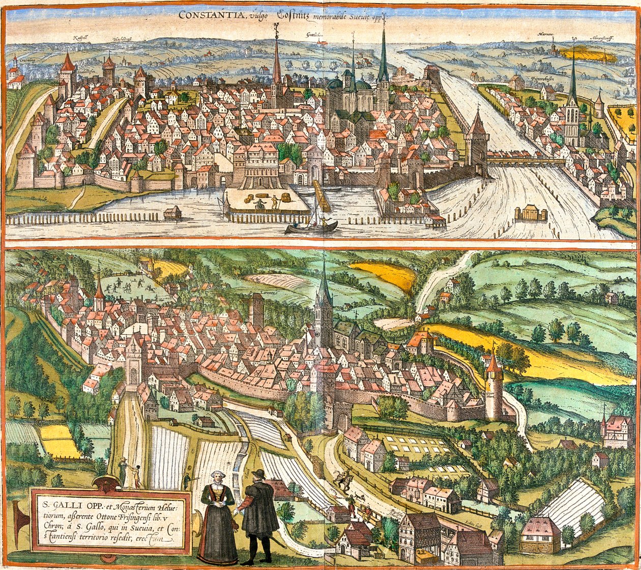 Constance, St, Gallen, , Saksa, Sveitsi tekijältä Georg and Hogenberg Franz (1535 90) Braun
