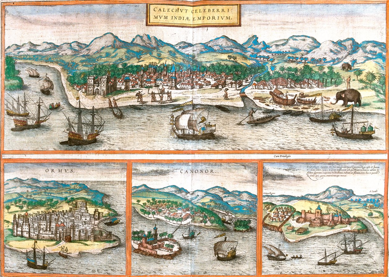 Kozhikode, Hormuzin saari, Kannur, Elmina, Intia, Iran, Ghana. tekijältä Georg and Hogenberg Franz (1535 90) Braun