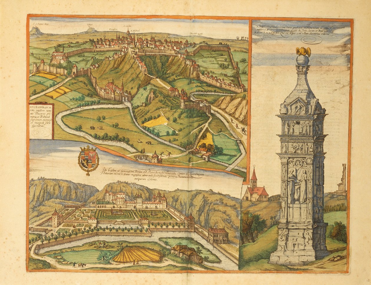 Luxemburgin kaupunki, suurherttuan palatsi ja Georg Braunin Civitates Orbis Terrarumin kivimonumentti tekijältä Georg Braun and Hogenberg Franz