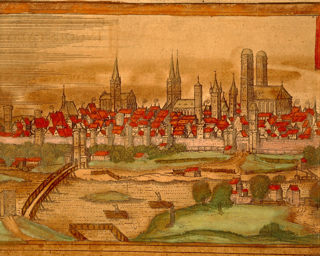 Mapa de Munic de Civitates Orbis Terrarum de Georg Braunfinnish tekijältä Georg Braun and Hogenberg Franz