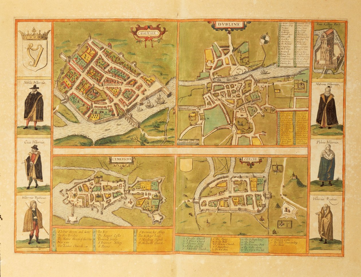 Galwayn, Dublinin, Limerickin ja Corkin kartta Civitates Orbis Terrarumilta, kirjoittanut Georg Braun tekijältä Georg Braun and Hogenberg Franz