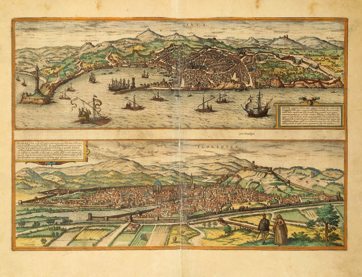 Georg Braunin Genovan ja Firenzen kartta maailman kaupungeista tekijältä Georg Braun and Hogenberg Franz
