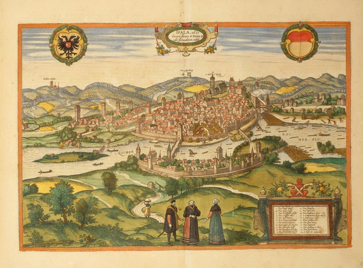 Halle an der Saalen kartta Civitates Orbis Terrarumilta, kirjoittanut Georg Braun tekijältä Georg Braun and Hogenberg Franz