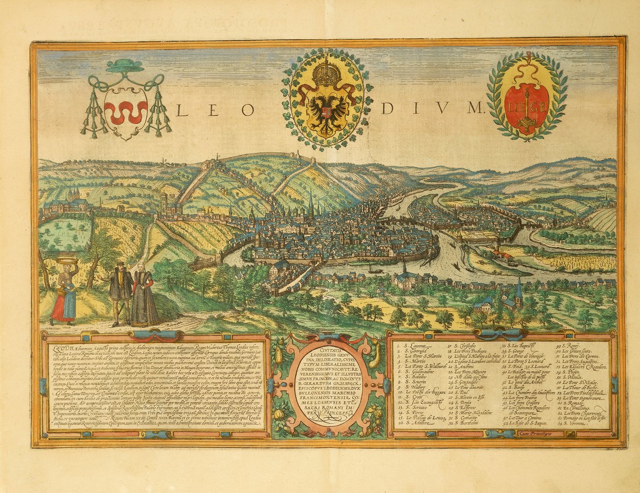 Liègen kartta Civitates Orbis Terrarumilta, kirjoittanut Georg Braun tekijältä Georg Braun and Hogenberg Franz