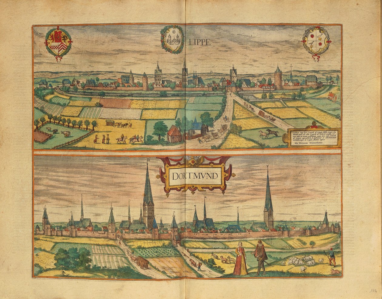 Georg Braunin Civitates Orbis Terrarum -teoksesta peräisin oleva Lippeä ja Dortmundia koskeva kartta. tekijältä Georg Braun and Hogenberg Franz