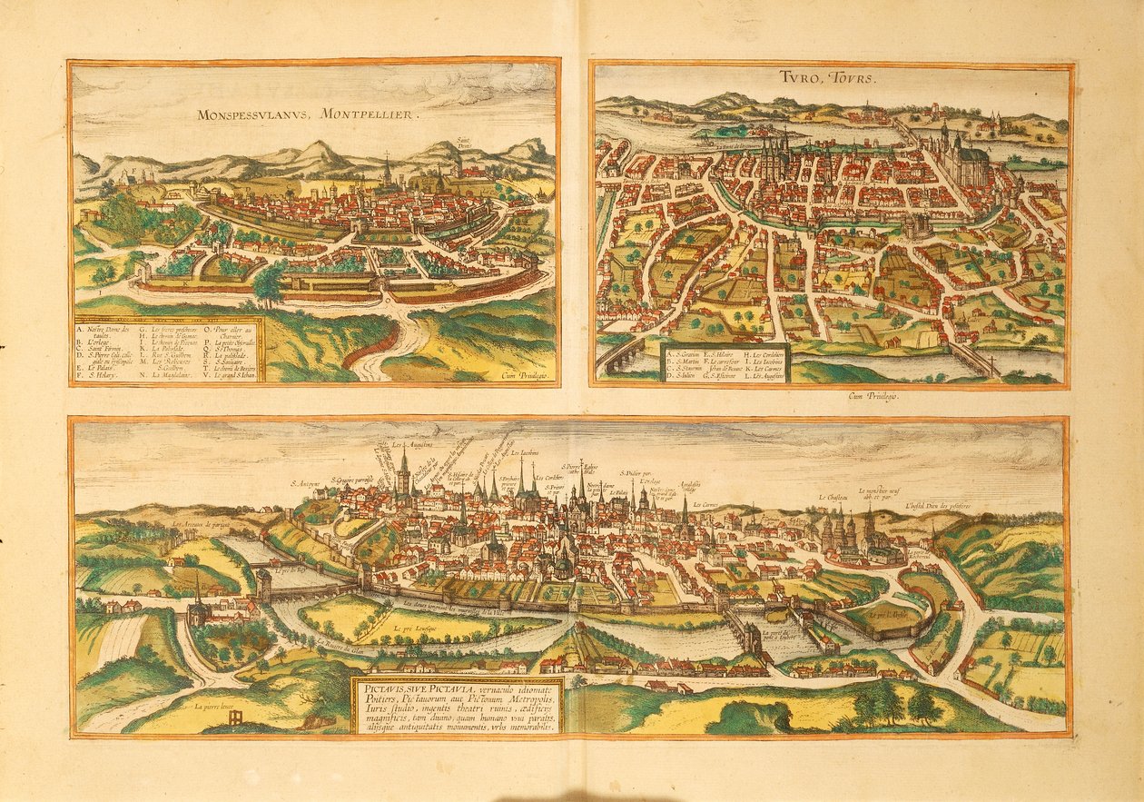 Georg Braunin kartta Montpellieristä, Toursista ja Poitiersista Civitates Orbis Terrarumilta tekijältä Georg Braun and Hogenberg Franz