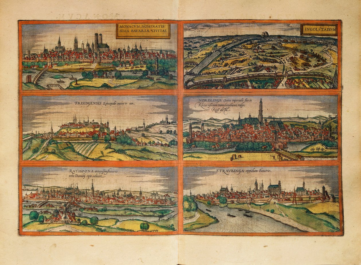 Münchenin, Ingolstadtin, Freisingin, Nordlingenin, Regensburgin ja Straubingin kartta, Saksa, Georg Braunin Civitates Orbis Terrarumilta tekijältä Georg Braun and Hogenberg Franz