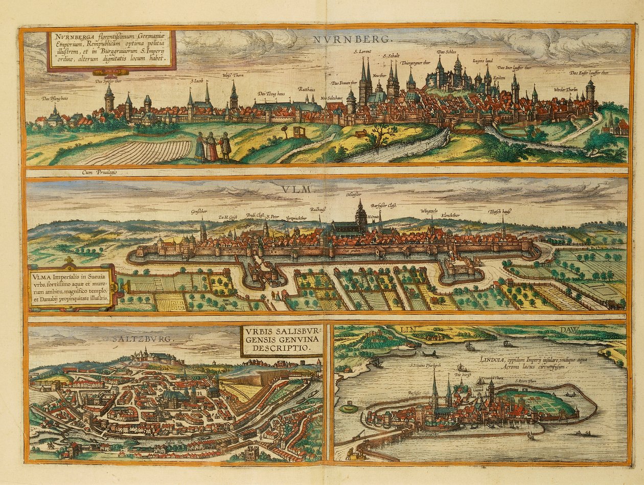 Georg Braunin Nürnbergin, Ulmin, Salzburgin ja Lindaun kartta Civitates Orbis Terrarumilta tekijältä Georg Braun and Hogenberg Franz