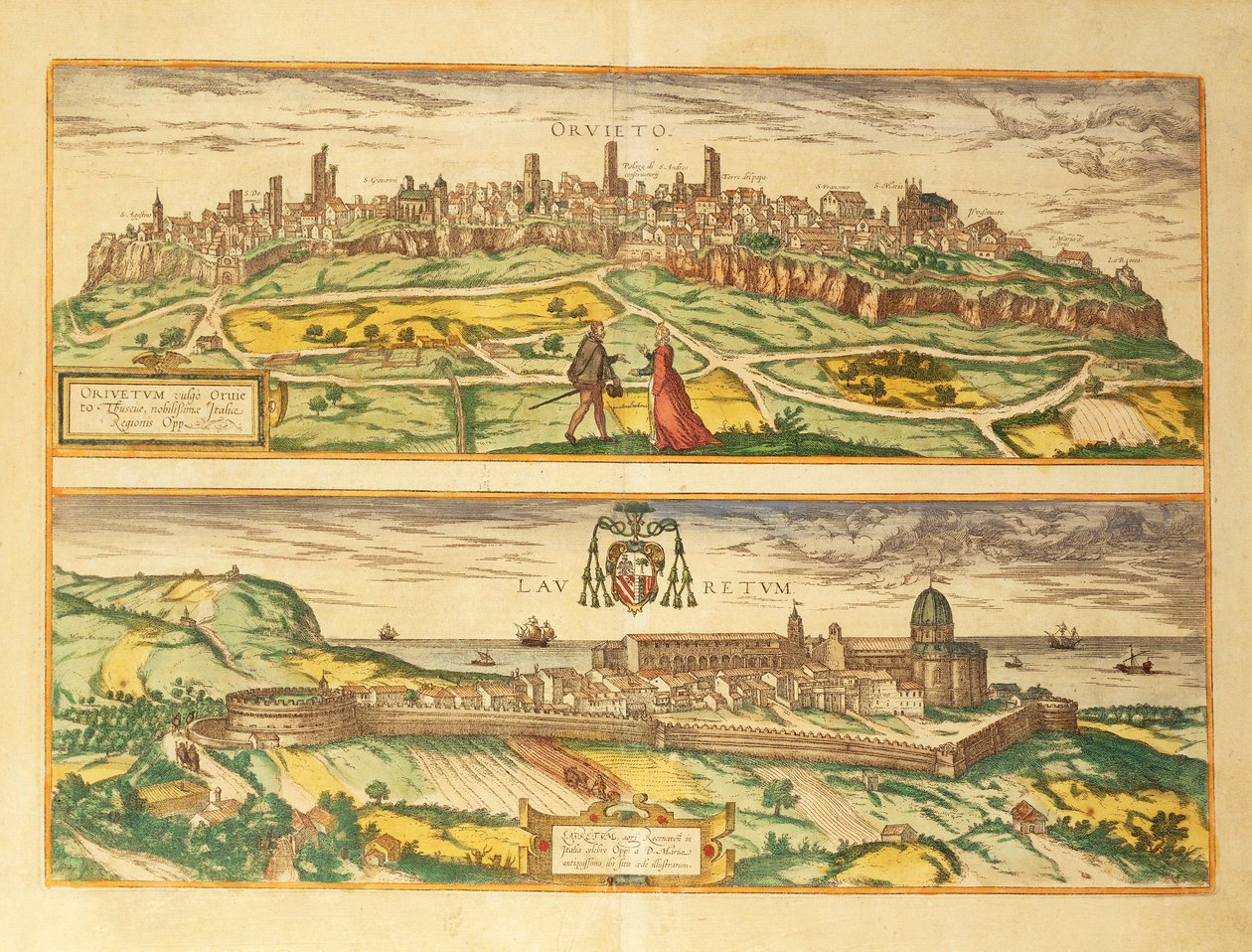 Orvieton ja Loreton, Umbrian ja Marchen alueen kartta Civitates Orbis Terrarumilta, kirjoittanut Georg Braun tekijältä Georg Braun and Hogenberg Franz
