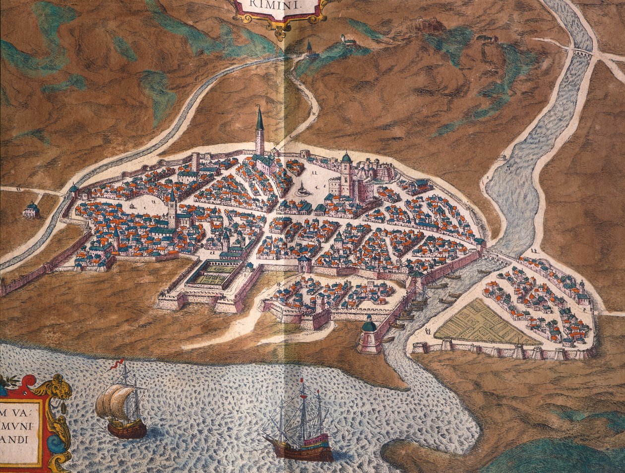 Riminin kartta, Georg Braun ja Franz Hogenberg, värillinen kaiverrus Civitates Orbis Terrarumilta, Italiasta tekijältä Georg Braun and Hogenberg Franz