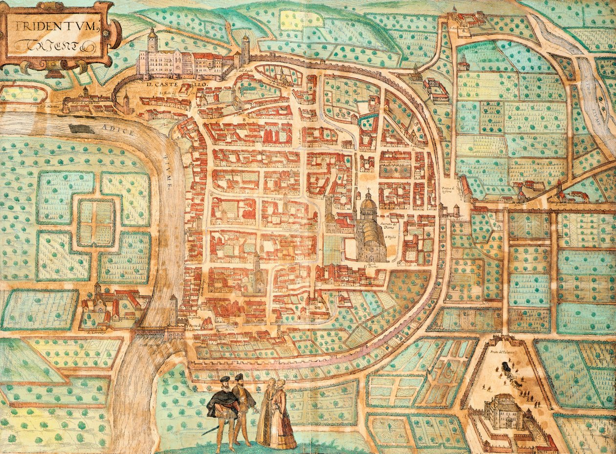 Georg Braunin ja Franz Hogenbergin laatima kartta Tridentumista, nykyisestä Trentistä, värillinen kaiverrus teoksesta Civitates Orbis Terrarum, Italia. tekijältä Georg Braun and Hogenberg Franz